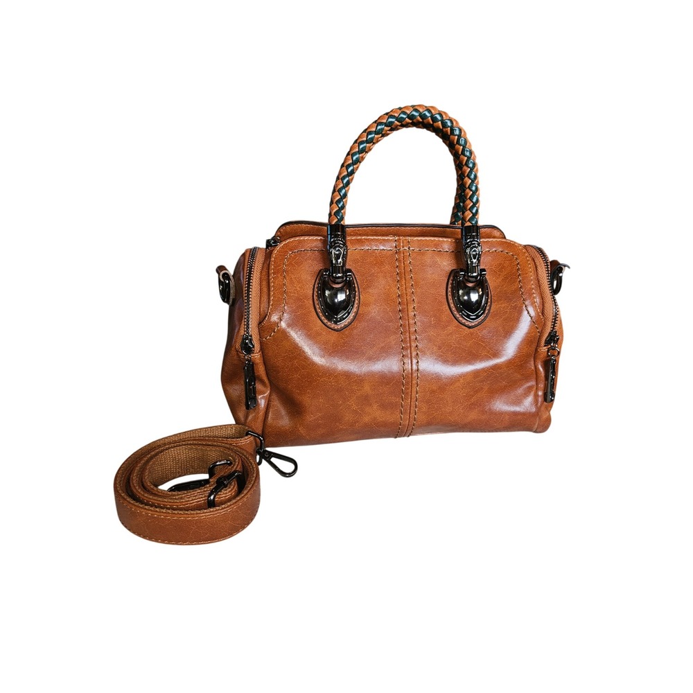 XIDIBAOLUO Cognac Brown Faux Leather Satchel Braided Handle Crossbody Bag